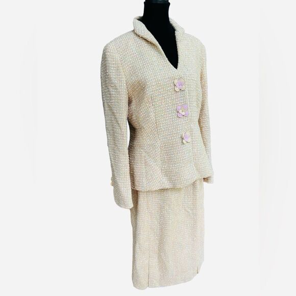 Vintage Escada Wool Tweed Suit Size 10 Pastel Yellow Mod Mad Men Vibes - Picture 4 of 12